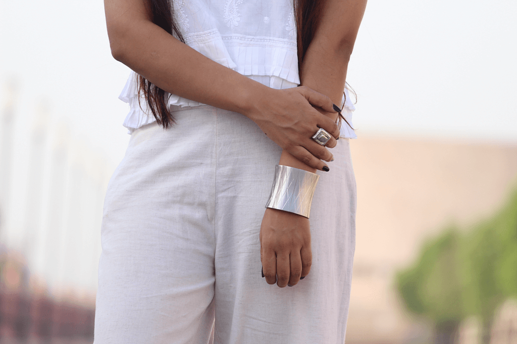 Focus on Hands Ring Bracelet Chikankari White Dress